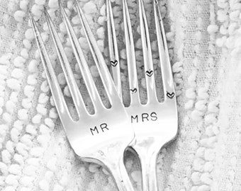Vintage wedding forks, cake forks, hand stamped, Mr and Mrs with heart tines