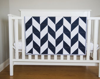 Modern Geometric Baby Quilt. Toddler, Twin or Throw Blanket. Herringbone Quilt. "The Zachary" Navy White, Bold Nursery Decor Child's Quilt