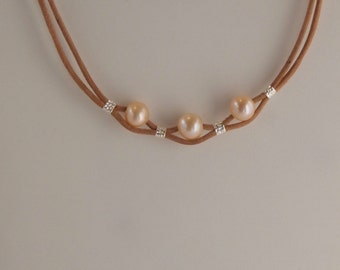 Necklace in Sterling Silver, Soft Pink Freshwater Pearls and Natural Leather