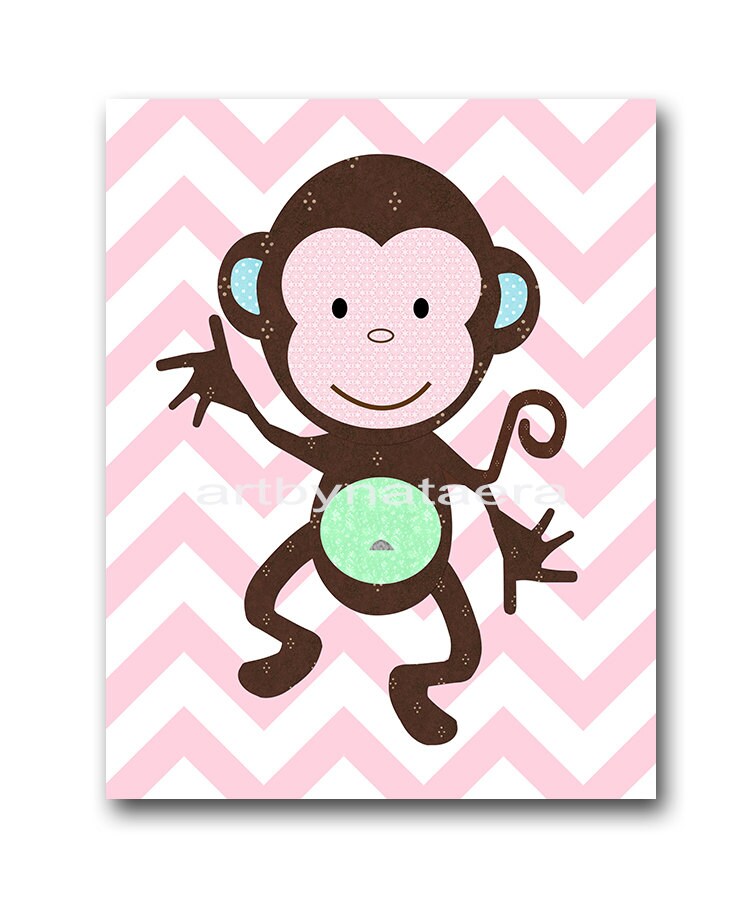 Pink Monkey Nursery Digital Print Printable Art Baby Girl