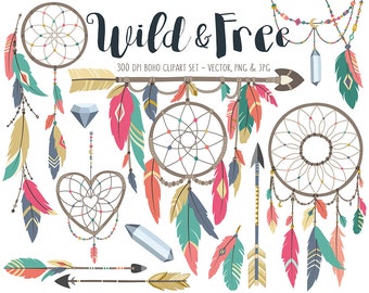 Tribal Clipart - Boho Tribal Clip Art Set, Dream Catcher Clipart, Feather Clipart, Arrow Clipart, Commercial Use Digital Download Clip Art
