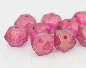 Fuchsia Pink English Cut Beads, Czech Glass Rough Cut, Fuchsia Glass Beads with Frosty Matte Finish, 9x10mm - 15 beads (ENG-04)