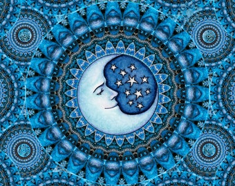 Tapestry, Blue Moon Celestial Tapestry Wall Hanging 26"x40" inches unique gift by Artist Dan Morris titled "Ojas: Vitality", washable