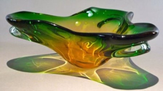 Green And Gold Murano Style Art Glass Bowl 0894