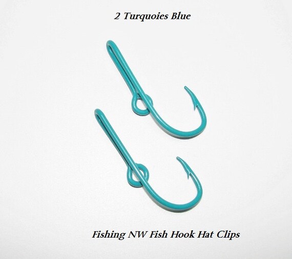 2 Turquoise Blue Colored Fish Hook Hat Clips / Pins by Fishingnw