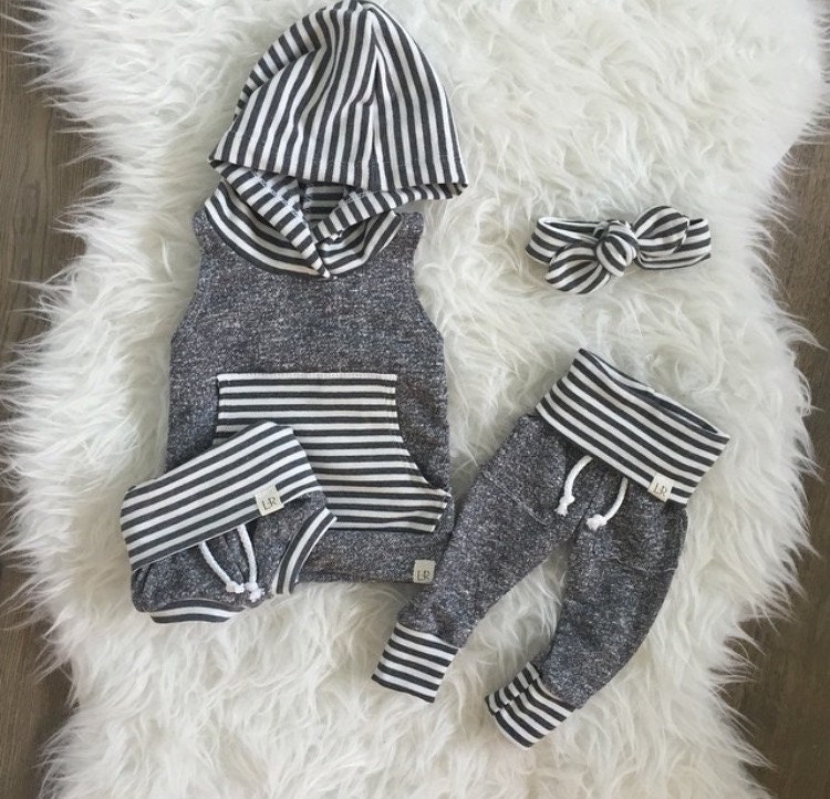 Dark grey sleeveless stripe baby hoodie newborn baby hoodie