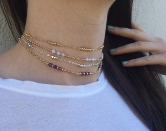 Amethyst, Lapis, Citrine, Rose Quartz, Crystal Quartz, Opalite, Labradorite, white howlite, black onyx, Moonstone, beaded chokers/necklaces