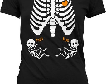 Twin Pregnant Skeleton Shirt Pregnant Halloween Costumes Maternity Skeleton T Shirt Twin Pregnancy Announcement Ladies TShirt MD-543