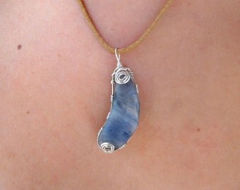 Blue Quartz Swirly Crescent Moon Wire Wrapped Pendant