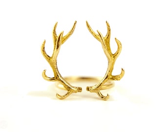 Deer Antler Ring Antique Gold Plated Silver Adjustable Ring Horns Wrap Ring Boho Jewelry - FRI001 YGS T2