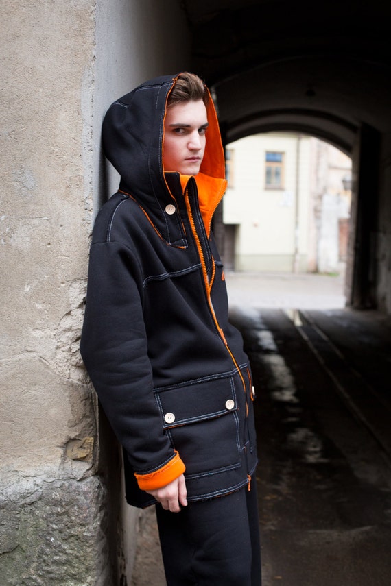 Black and Orange Hoodie // Long Black Hoody black Hoodie for