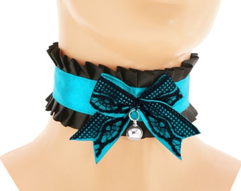Black turquoise satin lace Kittenplay Petplay BDSM Collar-Kitten Day Collar- Pet/Kitten Gear-Collar, Choker- DDLG Submissive Little Girl 0P7