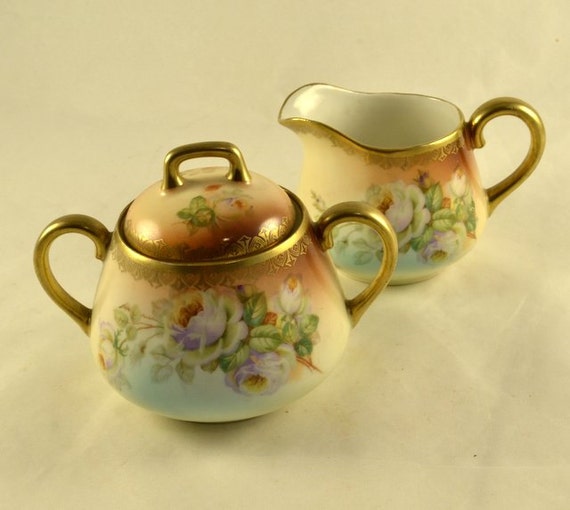 Creamer & Sugar Bowl w/ Lid Bavaria Germany Rose Pattern