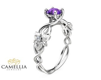 14k white gold amethyst engagement ring flower design amethyst ring nature inspired engagement ring unique alternative - Amethyst Wedding Rings 14k white gold amethyst engagement ring flower design amethyst ring nature inspired engagement ring unique alternative - Amethyst Wedding Rings