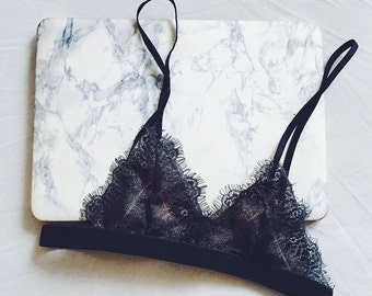 Eyelash lace Farrow bra, handmade to order lingerie. Grey and black