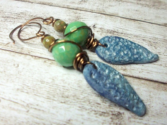 Colorful Boho Earrings Wire Wrapped Earrings Polymer by Salakaappi
