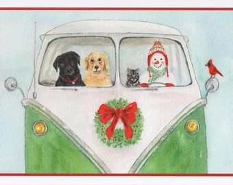 Christmas Card of Snowman, Dogs, Cat, and Bird in a Classic Micro-Bus. Pet Christmas Cards StellaJaneCards