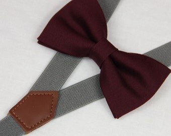 Wine red Burgundy bow ties, wedding bow tie, boys bow tie, grey suspenders bow tie,infant bowtie,toddler bowtie,mens bowtie,groomsmen bowtie