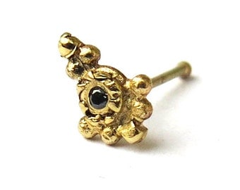 Black diamond nose stud\ 14k yellow gold\ handmade\ 22 gauge\ 0.6 mm\ indian tikka nose jewelry\ small nose stud\ choose your stud shape