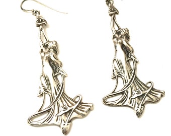 Sterling Art Nouveau Revival Mystical Nymph on Vines Dangle Earrings