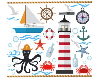 SALE!!! Nautical CLIPART Set Clip Art set of Anchor Octopus Lighthouse Sailboat Crab, Starfish, Seagull PNG Images Clipart Printable Graphic