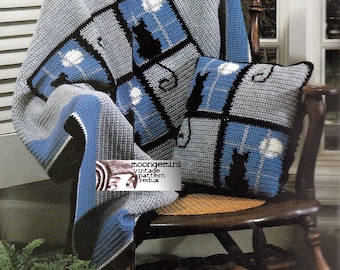 Cat in the Window Afghan and Pillow Charted Crochet Pattern Vintage 60s Blanket Throw PDF