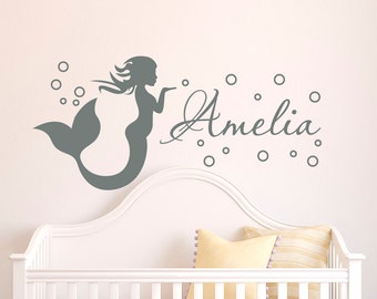 Mermaid Wall Decal Girl Name Decals Vinyl Stickers- Girl Nursery Wall Decal Personalized Name- Mermaid Girls Kids Baby Room Wall Decor M070