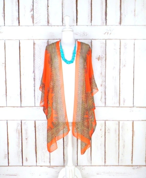 Orange tribal bohemian print sheer silk kimono cardigan/orange