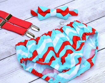 Smash cake outfit boy, baby boy 1st birthday outfit, bow tie and suspenders, blue and red 1st birthday, diaper cover and bow tie