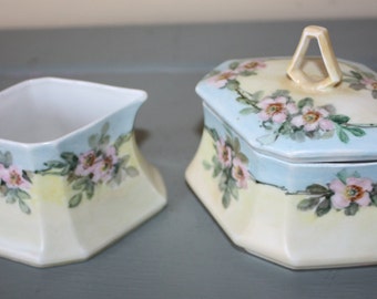 Lovely Floral Porcelain Creamer and Sugar Bowl Set, M Z Austria