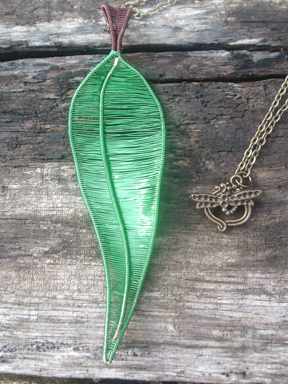 Wire Wrapped Long Green Leaf Pendant Leaf Necklace Wire