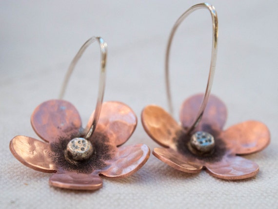 Flower earrings Copper earrings Artisan copper and silver