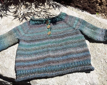 Hand Knit Henley Raglan Pullover Washable Wool Blend Sock Yarn Unisex Baby Sweater