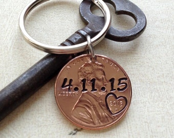 Personalized 1 Year Anniversary Keychain/ Hand Stamped Penny/ 2016 2017 Couple Gift/ Wedding /1 Year Anniversary/ Gift for Her Gift For Him