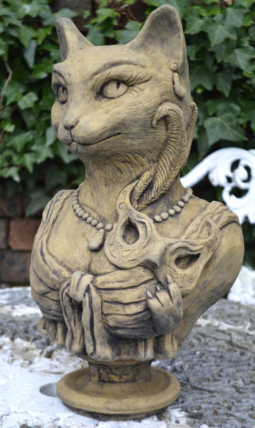 Cat Garden Ornament Bust Frost Proof Stone Statue Original
