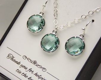 Green Earrings and Necklace Set, Bridesmaid Jewelry Set, Light Green, Pale Green, Moss, Sage, Erinite, Aqua, Seafoam, Silver Wedding Jewelry