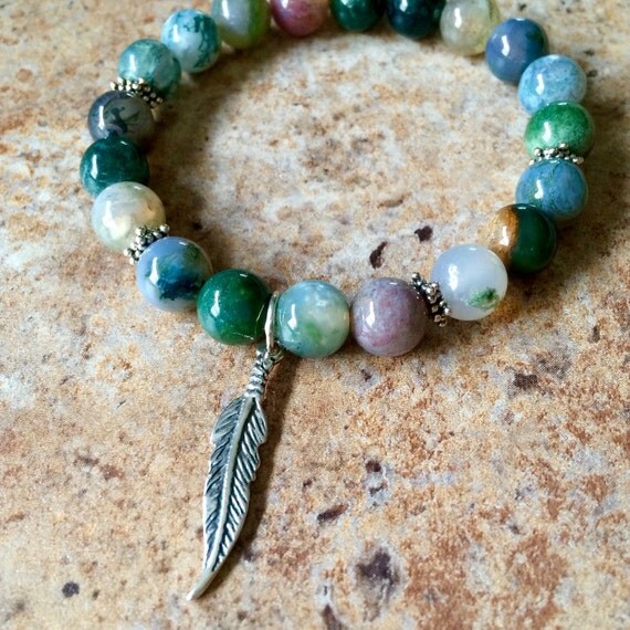 Indian Agate and Thai Silver Feather Charm by JenniferAnnBracelets