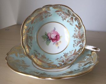 Paragon Roses Vintage Teacup and Saucer, Light Blue Tea Cup and Saucer, Pink Rose English Bone China, Double Warrant, 1940s