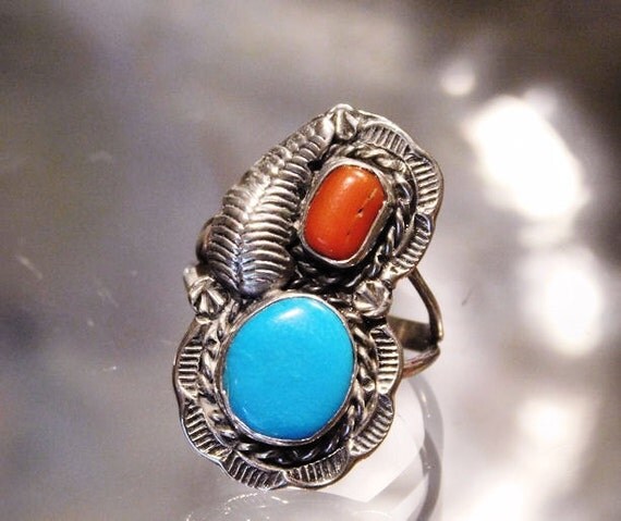 Blue Turquoise Coral Ring Sterling Silver Native American SouthwesternWestern Fancy Feather Tribe Tribal Hand Crafted Artisan Jewelry 1980s