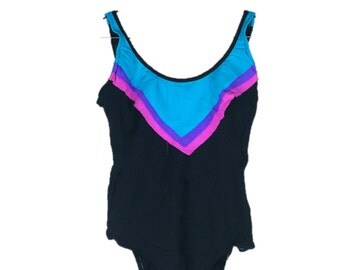Vintage Swimsuit | 80s Bathing Suit | Color Block Swim Suit | Black One-Piece Swimsuit | Robby Len Swimfashions M L Medium Large