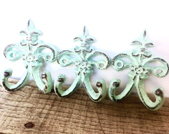 Set of 3 Key Hook - Aqua Decor - Key Holder - Shabby Chic Hooks - French Country - Wall Hooks - Aqua Wall Decor - Wall Hook Set - Key Hook