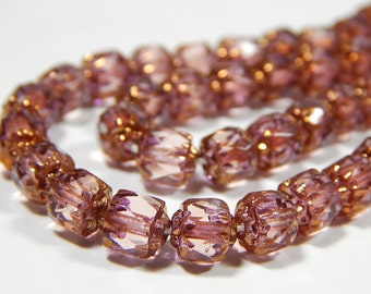 25 Pcs - 6mm Pink With Gold Czech Glass Cathedral Tube Beads - Glass Beads - Jewelry Supplies