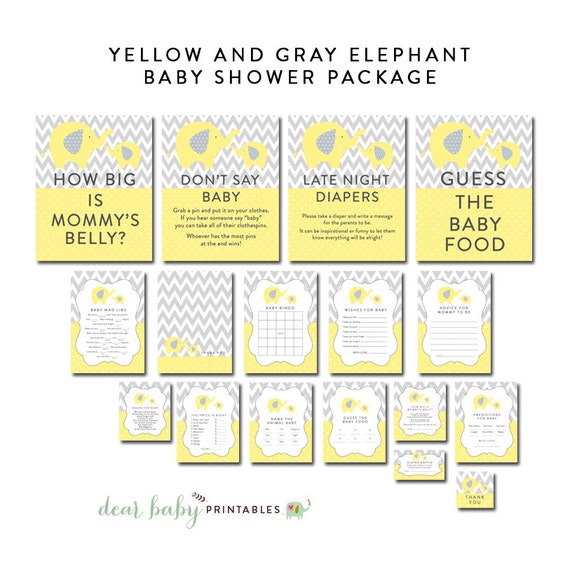 Yellow and Gray Elephant Baby Shower Package Games Favors