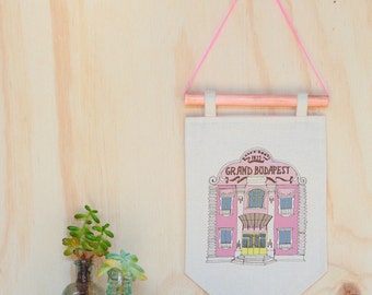 The Grand Budapest Hotel Wes Anderson illustration wall art print, wall hanging, pennant flag, flag banner