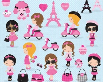 Paris Girl clipart, Paris clipart, Shopping clipart, Cute Paris Girl clipart, Eiffel Tower, Poodle, Cute Girl, Commercial License Included