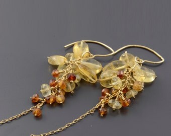 Cluster earrings, waterfall earrings, long earrings, yellow stone earrings, statement earrings, Citrine earrings