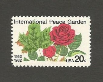 10 Red Rose International Peace Garden Postage Stamps, 20 Cents, Unused # 2014