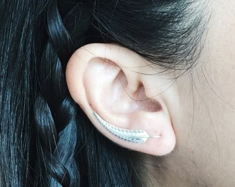 Sterling silver leaf ear crawlers, Silver ear climbers. Silver caeser leaf ear climbers, Minimalist jewellery, Minimal silver earrings (C13)