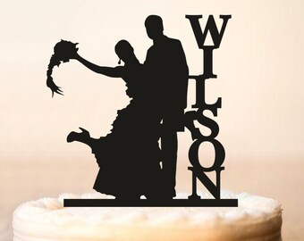 Wedding Cake Topper Silhouette, Silhouette Cake Topper,Surname and Silhouette Cake Topper,Wedding Bride and Groom silhouette,Cake Topper