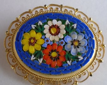 Micro Mosaic Blue Floral Italian Brooch, circa 1960's, Vintage